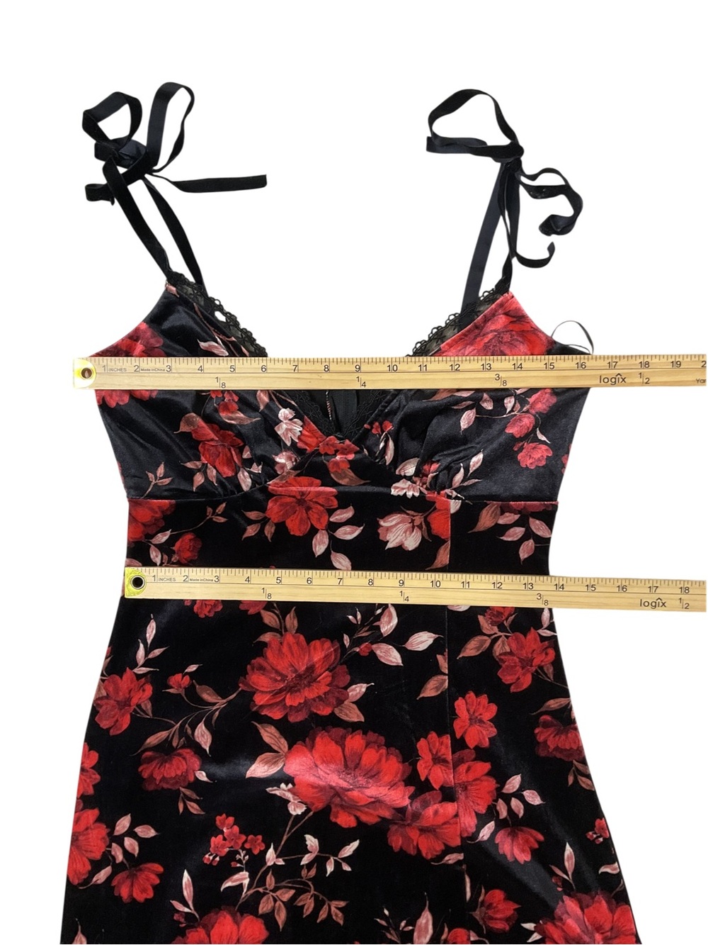 Francesca’s Black Red Floral Maxi Dress S Lace Tie Strap Open Back Romantic - Picture 5 of 10